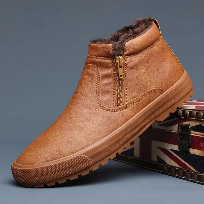 Men's leather winter boots with high tops, warm plush lining, casual design, and platform sole in camel color.