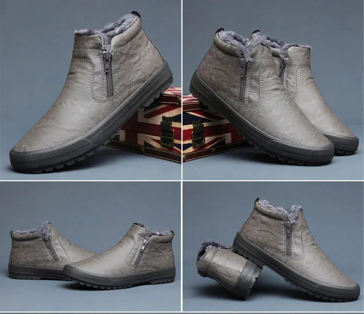 Men's leather winter boots with plush lining, high-top design, casual style, and platform sole for warmth and comfort.