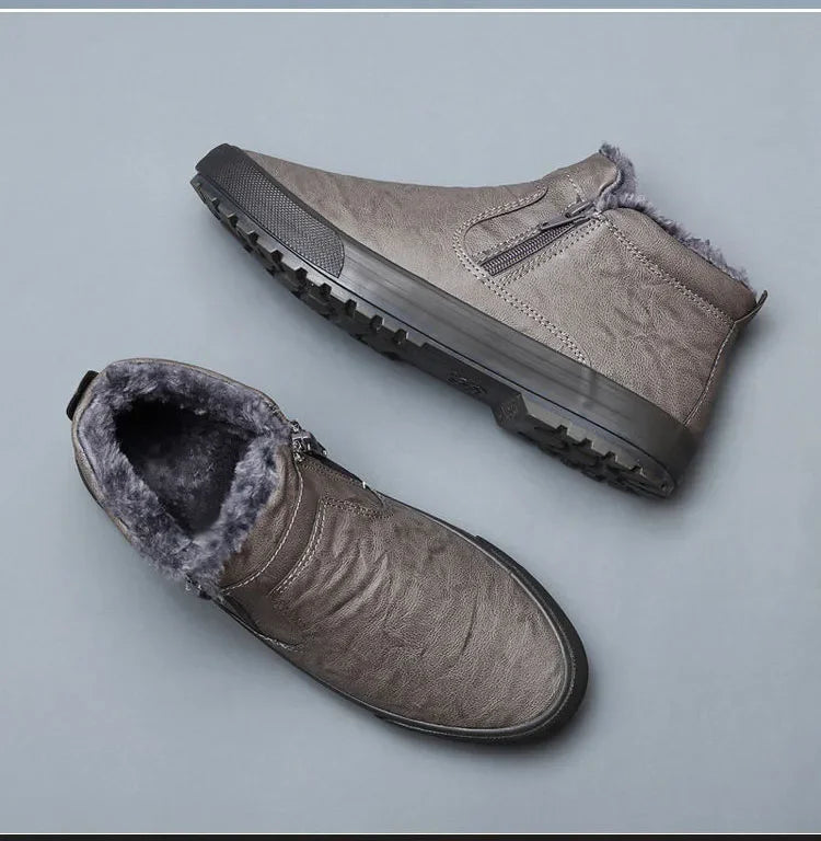 Men's leather winter boots with plush lining, high-top design, casual style, and platform sole in camel color.
