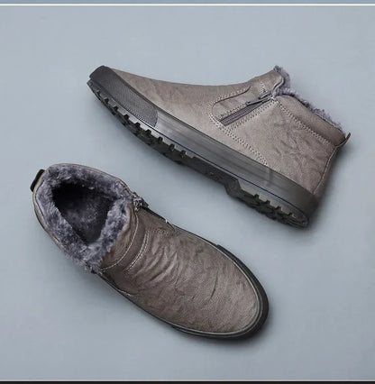 Men's leather winter boots with plush lining, high-top design, casual style, and platform sole in camel color.