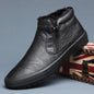 Men's leather winter boots with high tops, plush interior, casual style, and platform soles in camel color.
