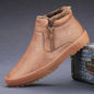 Men's leather winter boots with warm plush lining, high tops, casual style, and platform design in camel color.