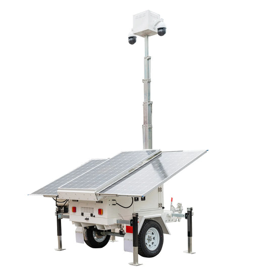 American Standard Monitoring Surveillance Trailer Tower by BACKUPMYFILESNOW.COM® with security cameras and communication equipment.