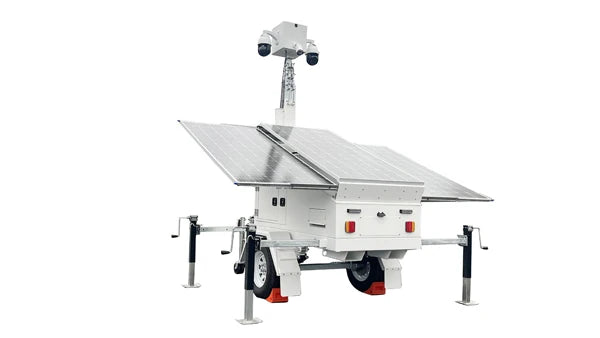 American Standard Monitoring Surveillance Trailer Tower with camera and communication equipment for security and surveillance.