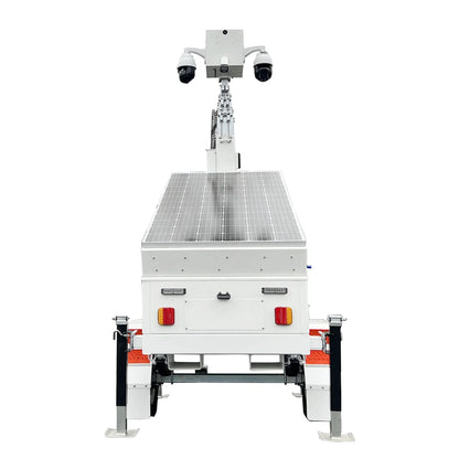 American Standard Monitoring Surveillance Trailer Tower with sturdy frame and mounted surveillance equipment for security monitoring.