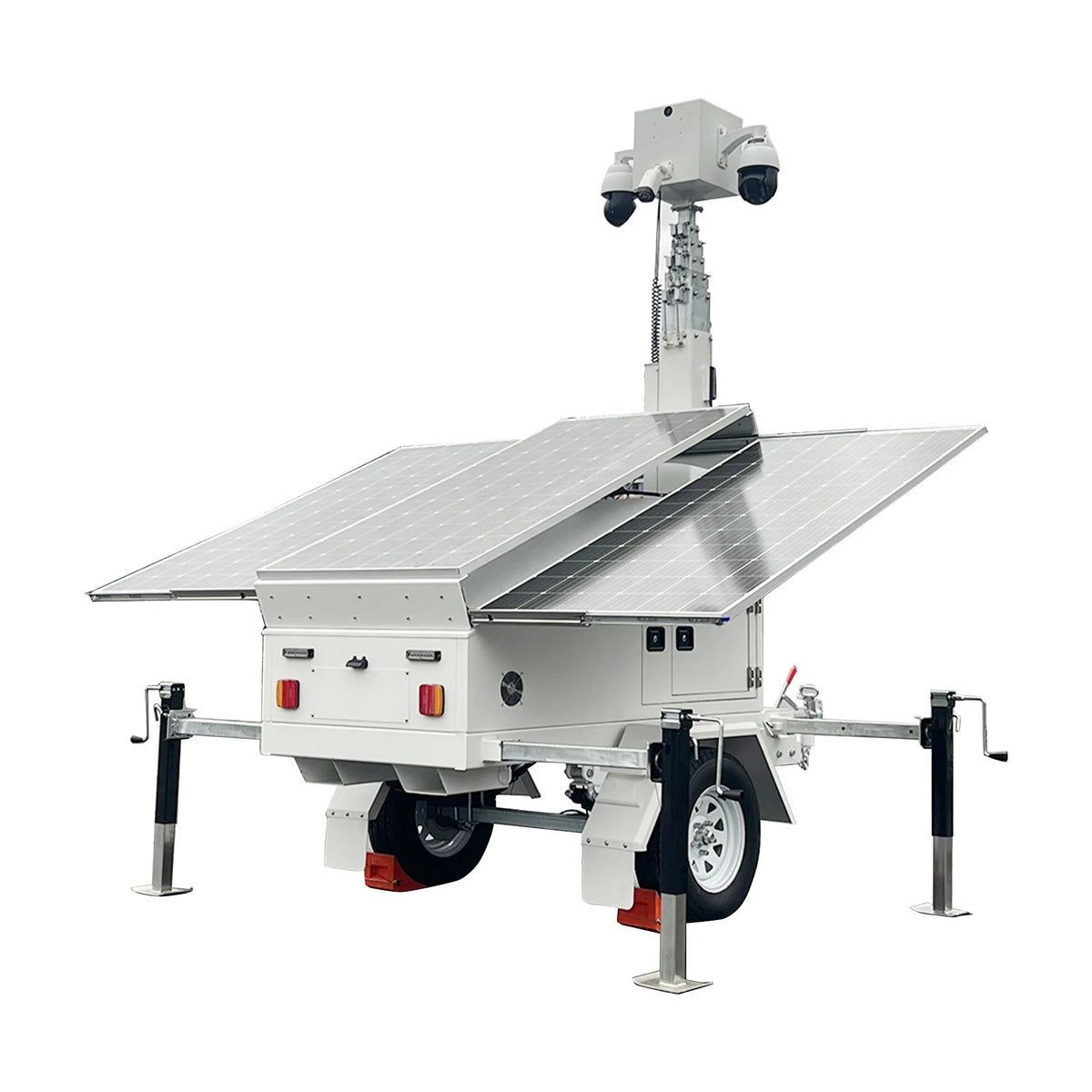 American Standard Monitoring Surveillance Trailer Tower with camera equipment and sturdy frame for security and surveillance use.