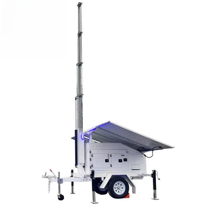 American Standard Monitoring Surveillance Trailer Tower by BACKUPMYFILESNOW.COM® with camera and equipment mounted on a mobile trailer platform.