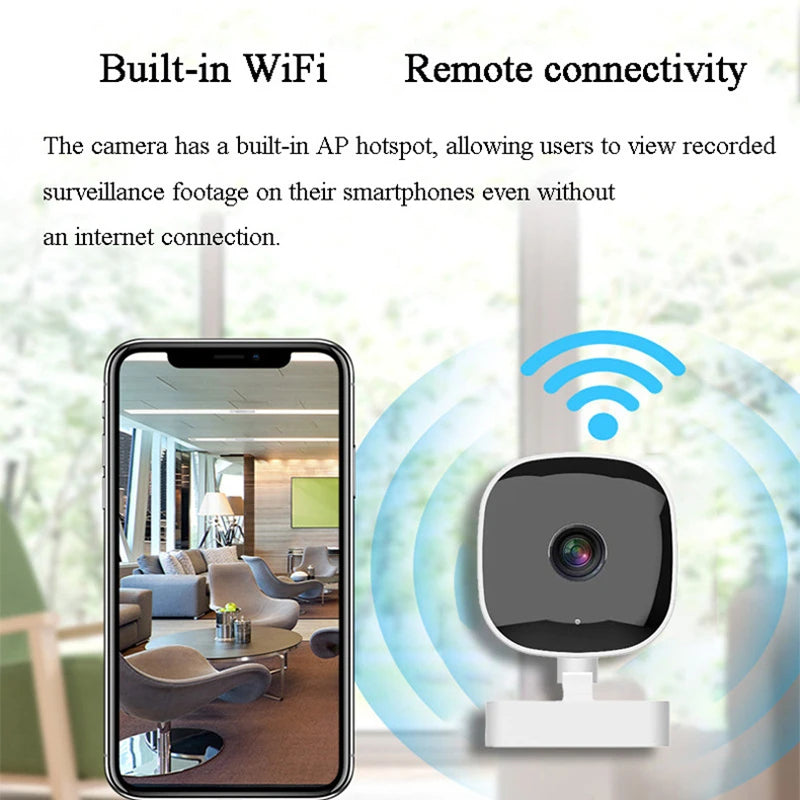 HD WiFi security camera with 64GB card, remote monitoring, 2-way audio, cloud storage, and motion detection for surveillance.