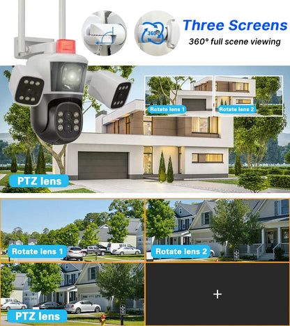 BackupMyFilesNow outdoor WiFi security camera with 16MP 8K HD video, 360° view, four lenses, and three-screen display.