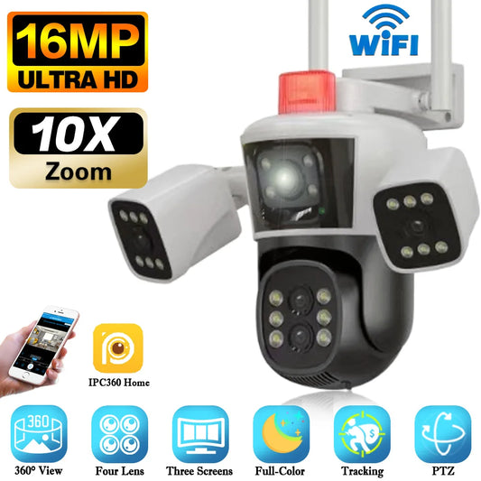 BackupMyFilesNow.com outdoor WiFi security camera with 16MP 8K HD video, 360° view, four lenses, and three-screen display.
