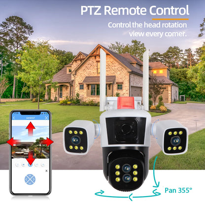 Smart Home WiFi security camera with 16MP 8K HD video, outdoor 360° surveillance, four lenses, and three-screen display.