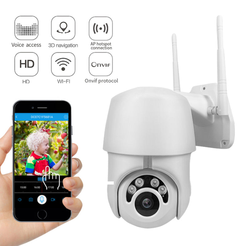 Wireless outdoor WiFi security camera with 1080p resolution, black weatherproof design, and mounting bracket for home security.