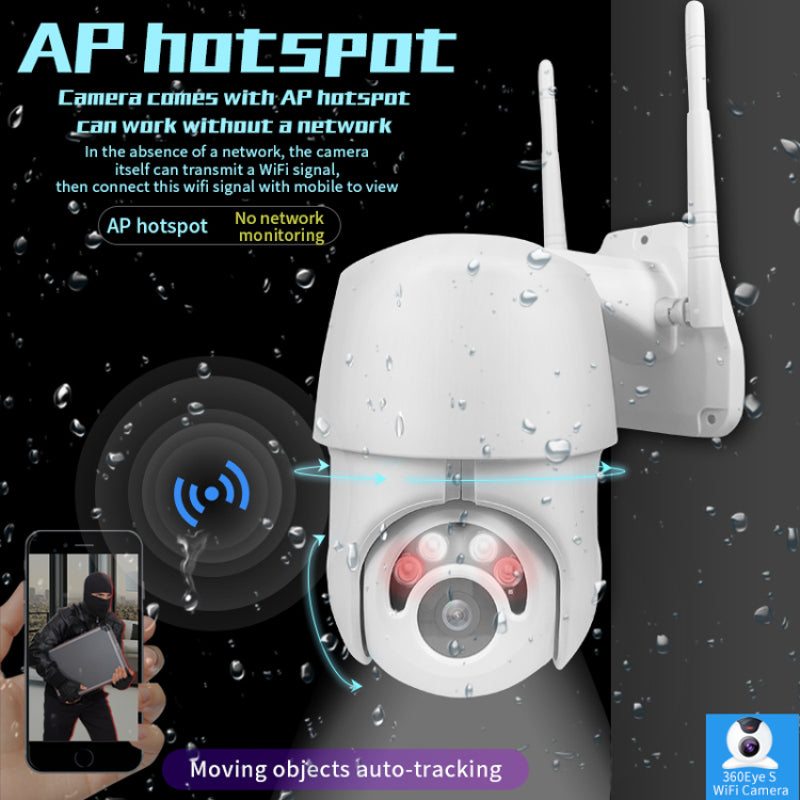 Outdoor 1080p wireless WiFi security camera by BackupMyFilesNow.com showing weatherproof design and camera lens in action.
