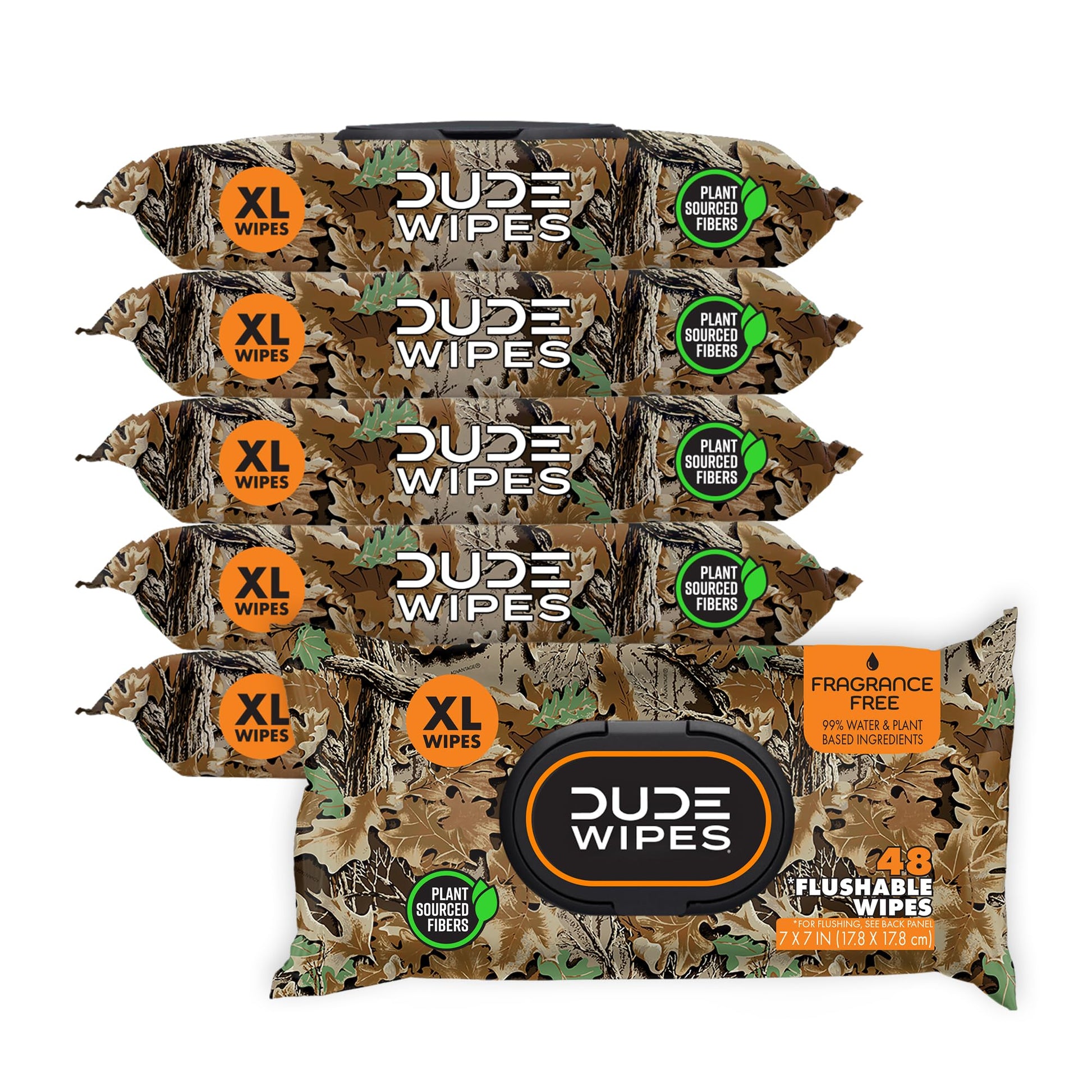 Six-pack of BACKUPMYFILESNOW® DUDE Wipes flushable, extra-large camouflage unscented wet wipes with Vitamin E and Aloe, 288 total.