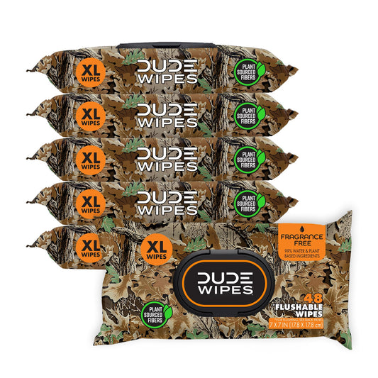 Six-pack of BACKUPMYFILESNOW® DUDE Wipes flushable, extra-large camouflage unscented wet wipes with Vitamin E and Aloe, 288 total.