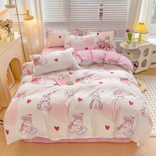 Cartoon-style kids bed sheet set with cute bunny print, breathable and durable queen/king size bedding from BACKUPMYFILESNOW.COM®