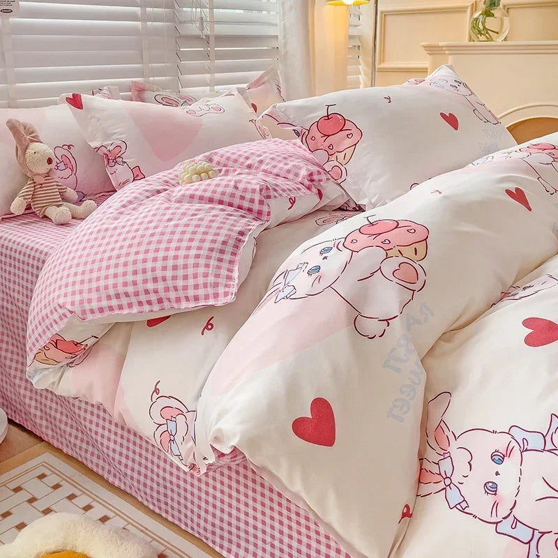 Cute bunny cartoon bed sheet set for kids, breathable and durable queen/king bedding with playful printed design.