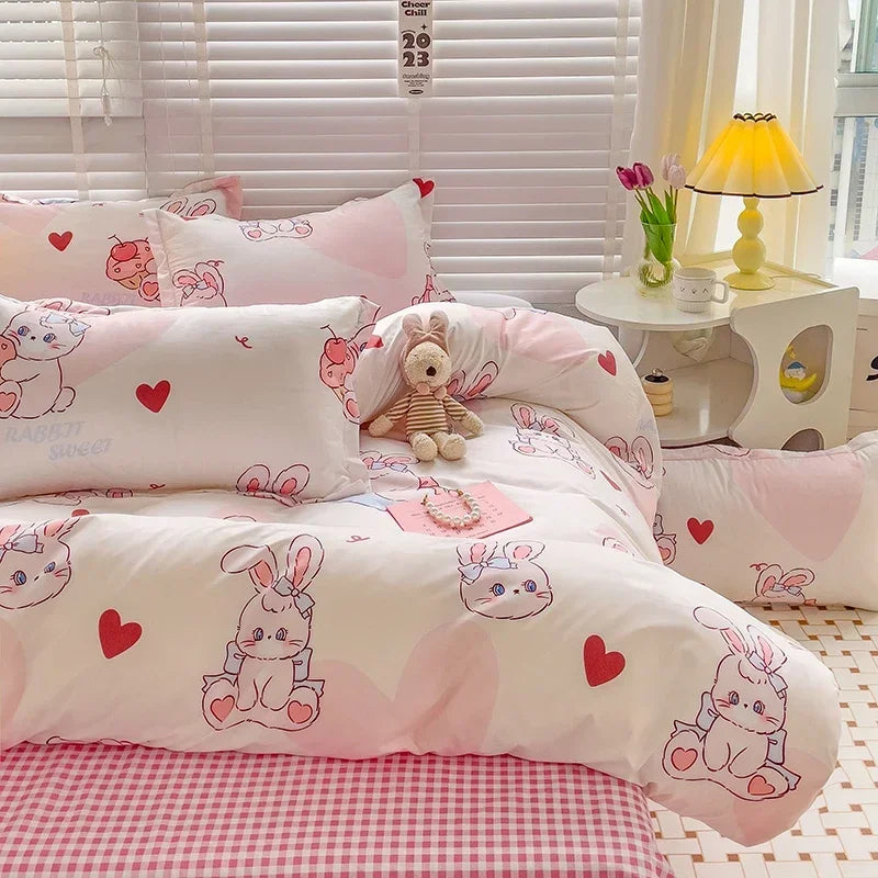 Cartoon bunny print kids' bed sheet set by BACKUPMYFILESNOW.COM, breathable and durable queen/king size bedding with cute bunny design.