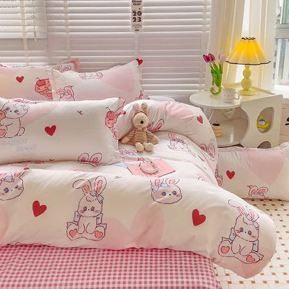 Cartoon bunny print kids' bed sheet set by BACKUPMYFILESNOW.COM, breathable and durable queen/king size bedding with cute bunny design.
