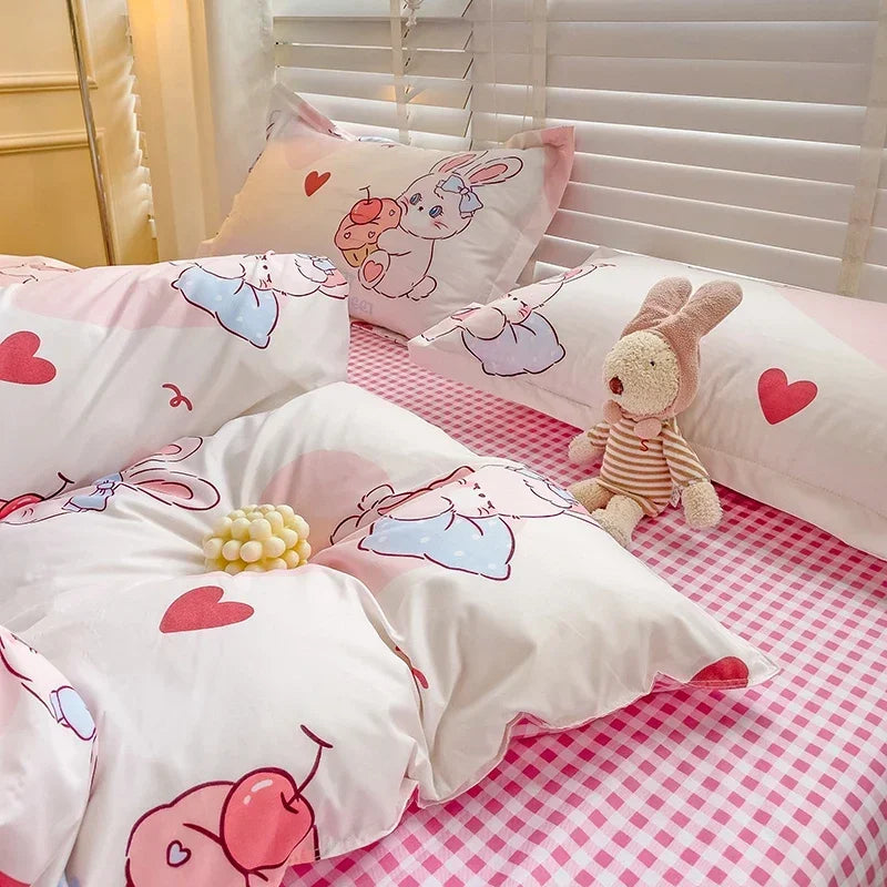 Cartoon style kids bed sheet set with cute bunny print, breathable and durable queen/king bedding from BACKUPMYFILESNOW.COM®