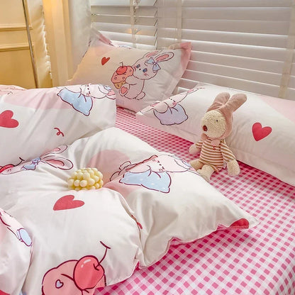 Cartoon style kids bed sheet set with cute bunny print, breathable and durable queen/king bedding from BACKUPMYFILESNOW.COM®