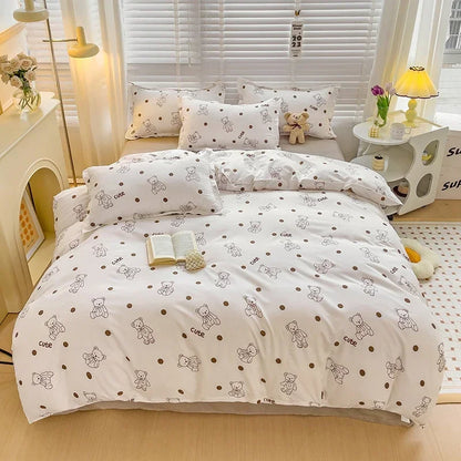 Cartoon-style bed sheet set for kids featuring cute bunny print, breathable and durable fabric, queen or king size bedding.
