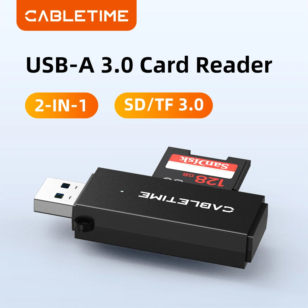 BackupMyFilesNow CABLETIME high-speed dual-port SD card reader with USB C and USB 3.0 for laptops, 104MB/s transfer speed.