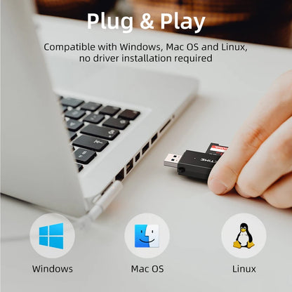 BackupMyFilesNow CABLETIME high-speed dual-port USB C and USB 3.0 SD card reader with 104MB/s transfer speed for laptops.