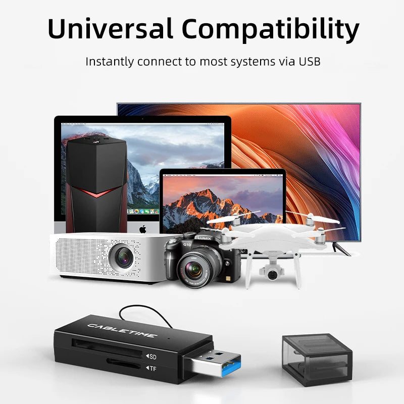 BackupMyFilesNow.com CABLETIME high-speed dual-port SD card reader with USB C and USB 3.0 for laptops, 104MB/s transfer speed.