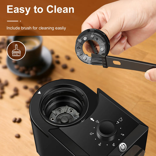 Electric BackupMyFilesNow.com burr mill coffee grinder with 28 adjustable gears for espresso, French press, and drip coffee brewing.