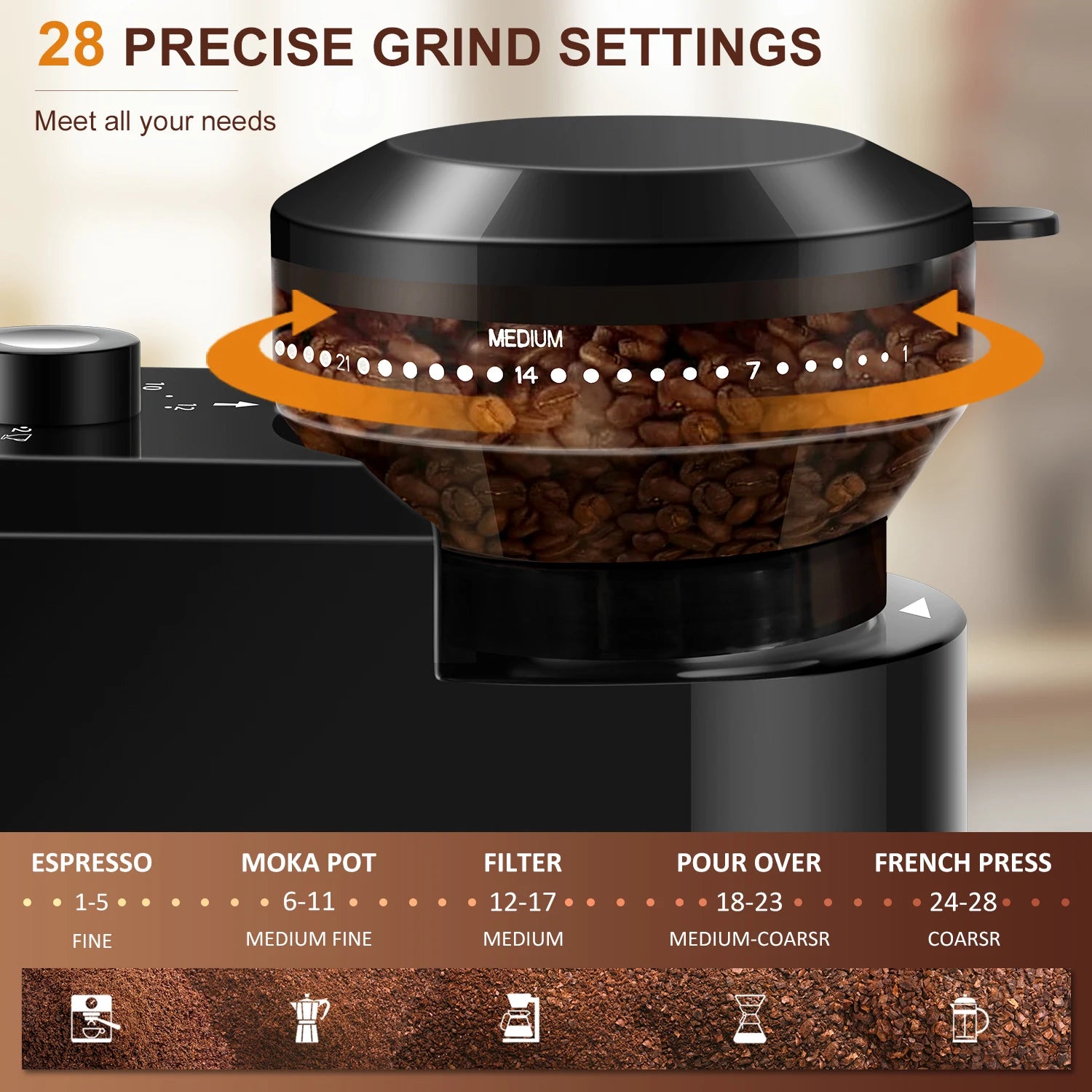 BackupMyFilesNow.com automatic burr mill coffee grinder with 28 adjustable gears for espresso, French press, and drip coffee.
