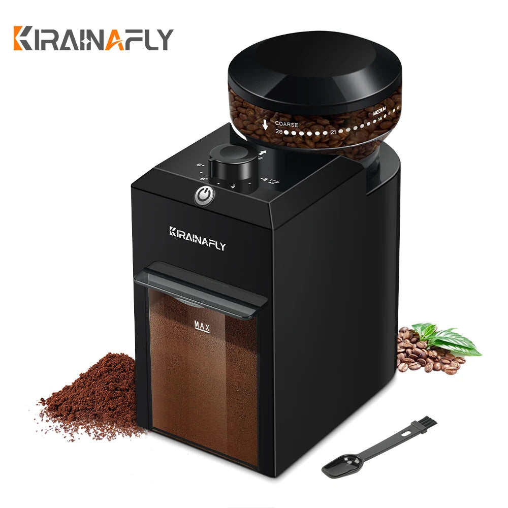 Electric BackupMyFilesNow.com burr mill coffee grinder with 28 adjustable gears for espresso, French press, and drip coffee brewing.