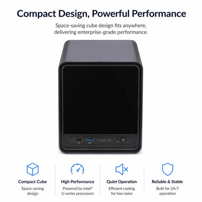 4 Bay NAS and mini server desktop PC with Celeron I5-10210U, 2 SSD, 4 HDD bays, and 4 LAN ports for advanced network storage.