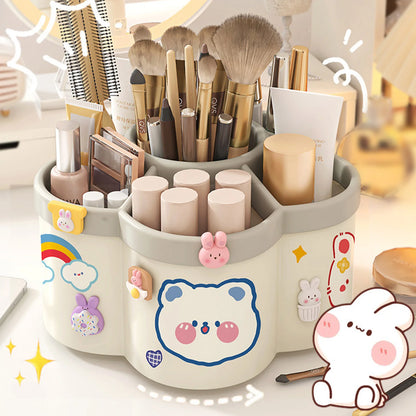 Cherry pink rotating desk organizer with multiple compartments, pen and pencil holder, ideal for office stationery supplies.