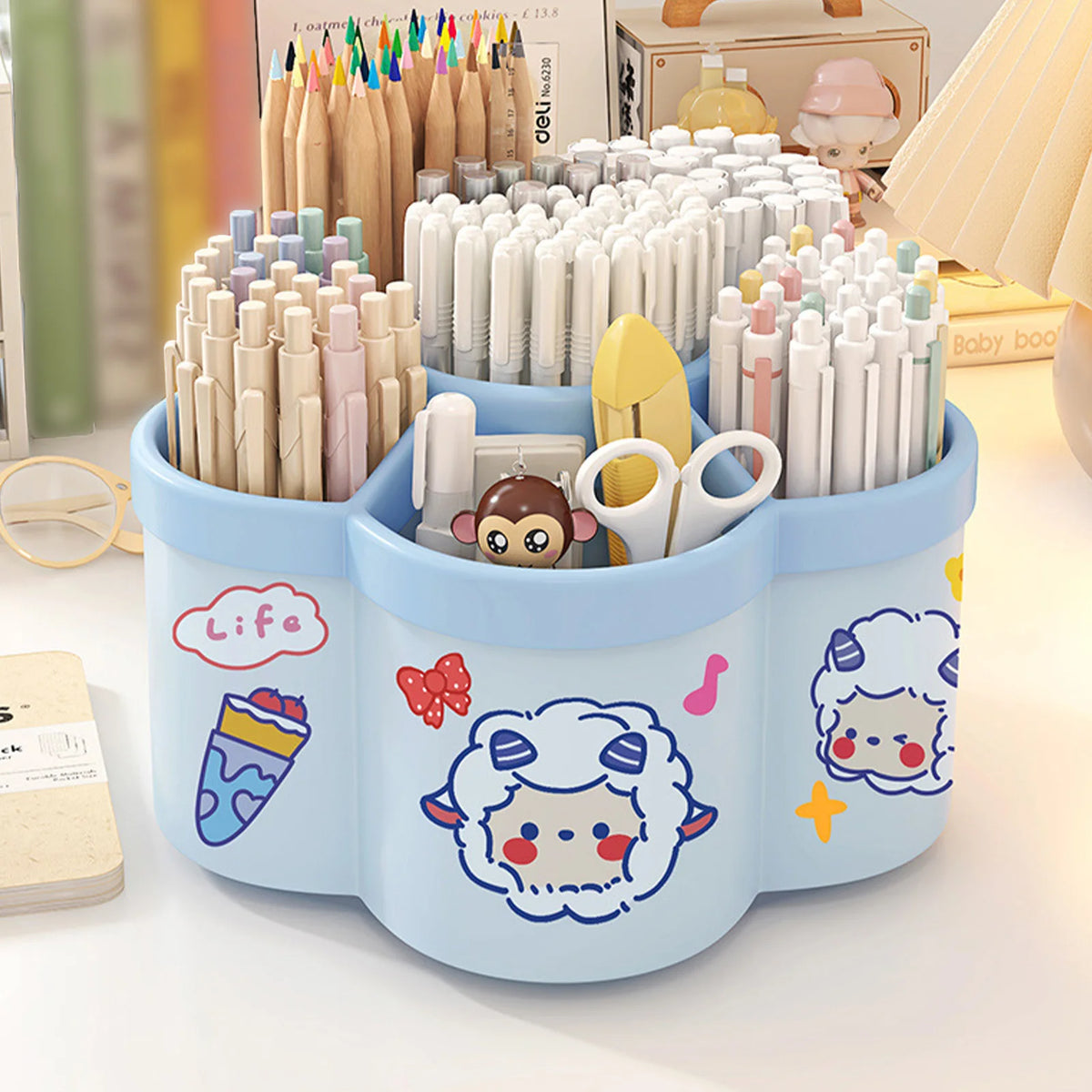 Cherry pink rotating desk organizer with multiple compartments, pen and pencil holder, large capacity for office stationery.