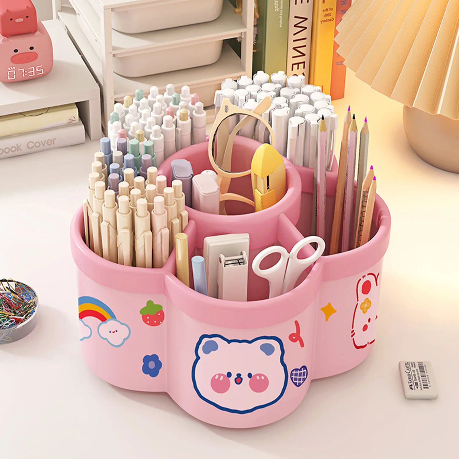 Cherry pink rotating desk organizer with multiple compartments, large capacity pen and pencil holder, ideal for office stationery.