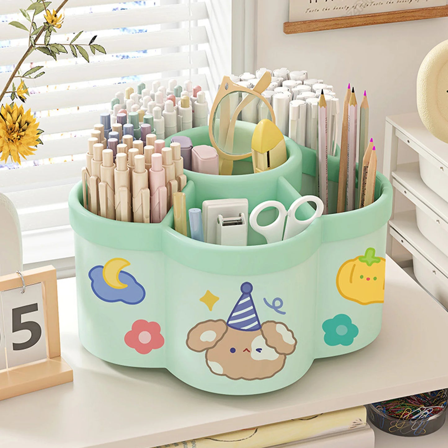 Cherry pink rotating desk organizer with multiple compartments, large capacity pen and pencil holder, ideal for office stationery.