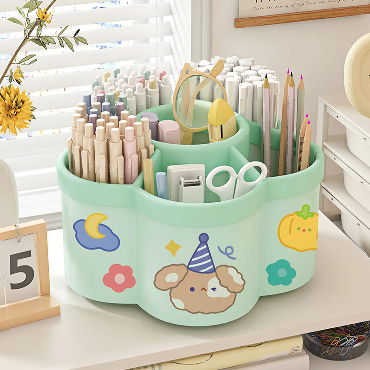 Cherry pink rotating desk organizer with multiple compartments, large capacity pen and pencil holder, ideal for office stationery.