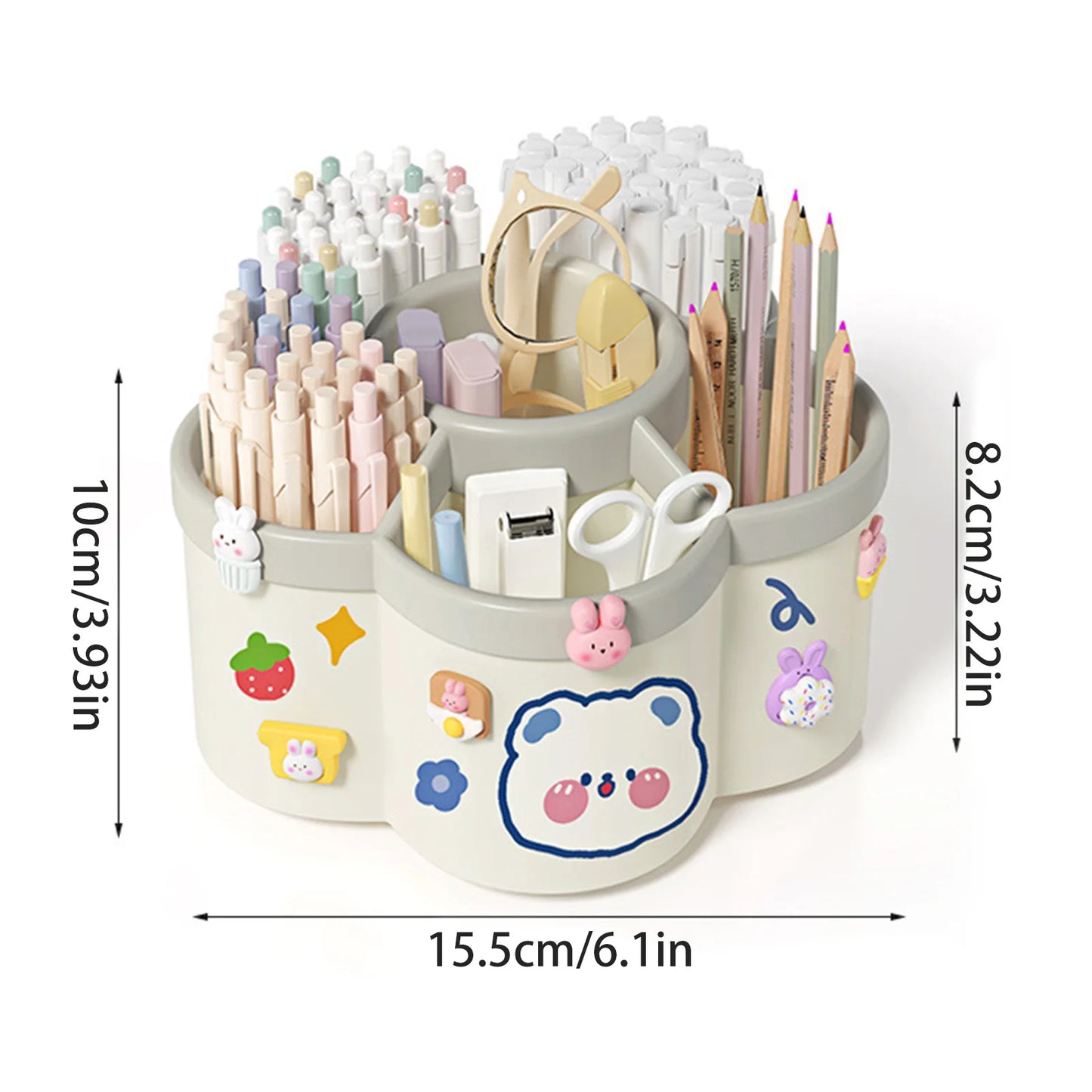 Cherry pink rotating desk organizer with compartments, large capacity pen and pencil holder, multi-functional office stationery box.