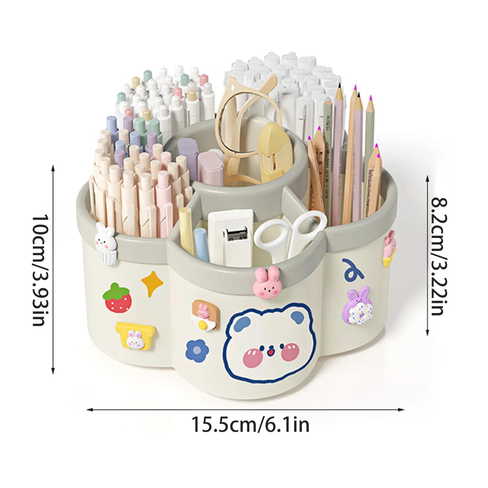 Cherry pink rotating desk organizer with compartments, large capacity pen and pencil holder, multi-functional office stationery box.