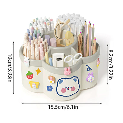 Cherry pink rotating desk organizer with compartments, large capacity pen and pencil holder, multi-functional office stationery box.