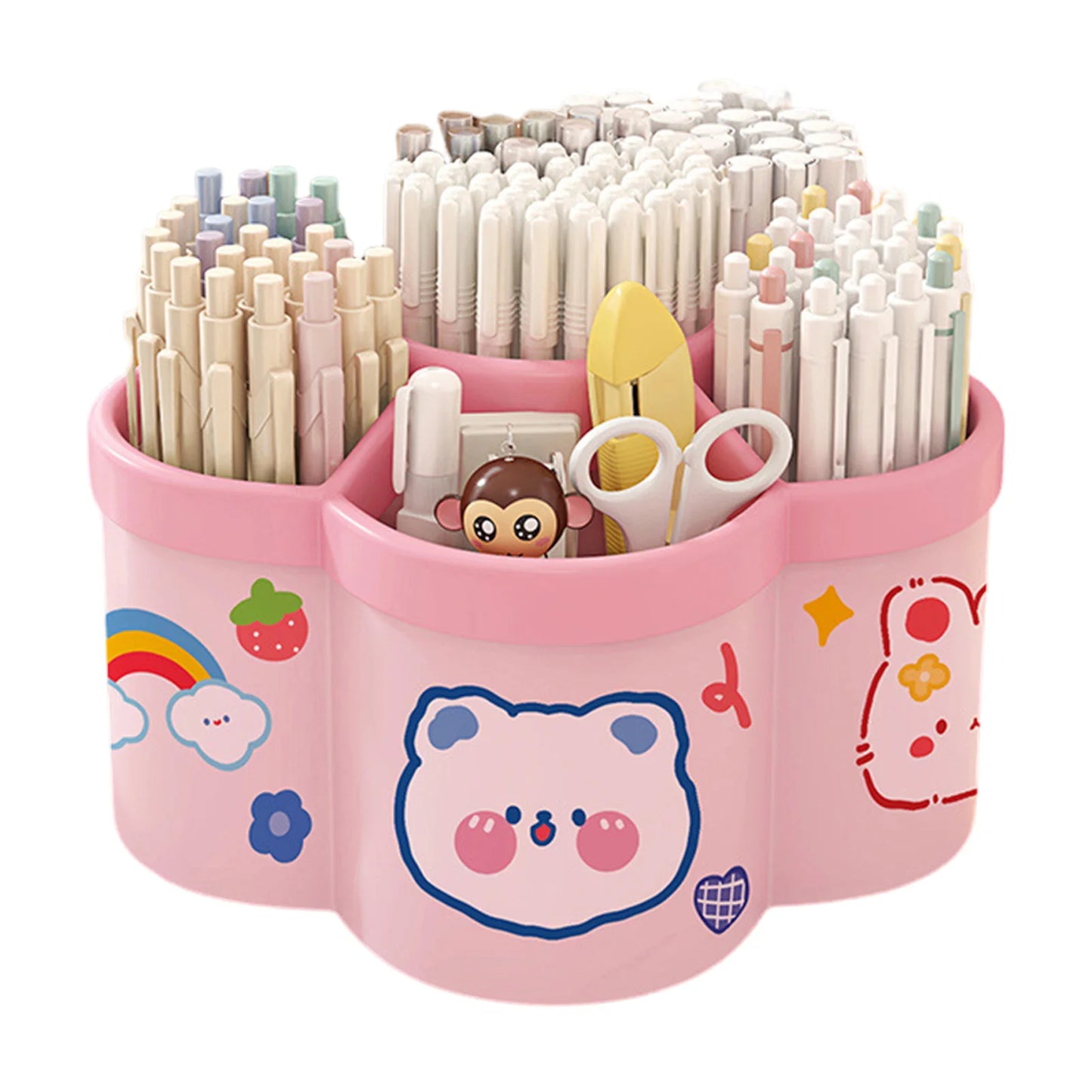 Pink rotating desk organizer with multiple compartments, large capacity pen and pencil holder, ideal for office stationery storage.