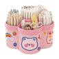 Pink rotating desk organizer with multiple compartments, large capacity pen and pencil holder, ideal for office stationery storage.