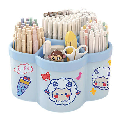 Cherry pink rotating desk organizer with multiple compartments, pen and pencil holders, ideal for office stationery storage.