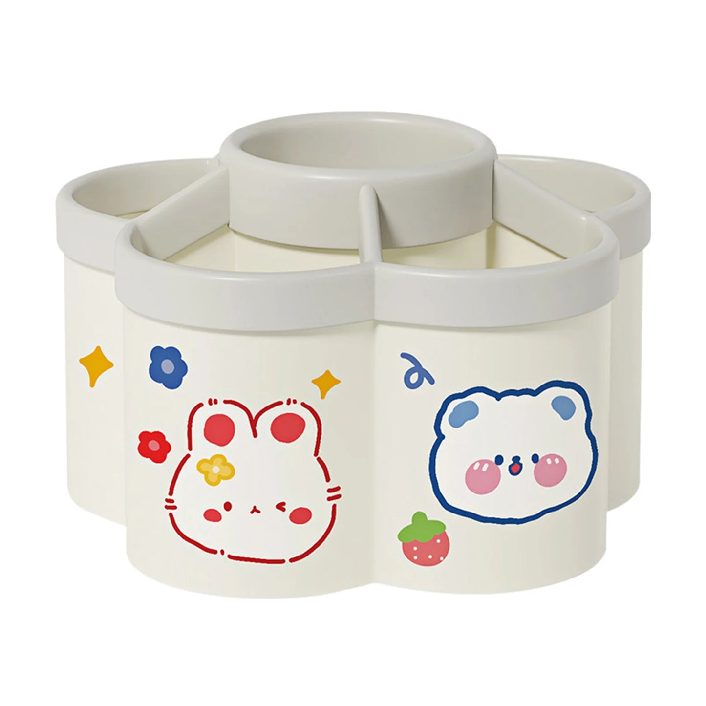 Cherry pink rotating desk organizer with multiple compartments, large capacity pen and pencil holder, ideal for office stationery.