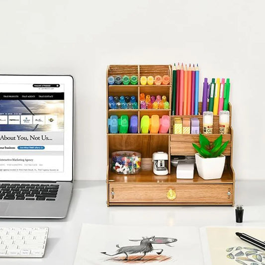 Wooden desk organiser and pen holder with large capacity, drawer, and stationery storage for home or office use