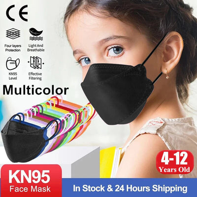 Kids KN95 mask for children ages 6-14, white, 4-layer FFP2 protective dustproof face mask for boys and girls.