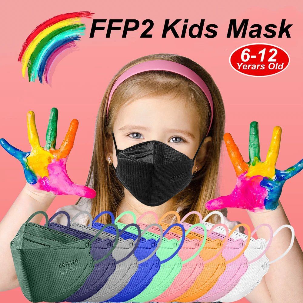 White kids' KN95 masks for ages 6-14, protective 4-layer FFP2 face masks for boys and girls, dustproof and comfortable.