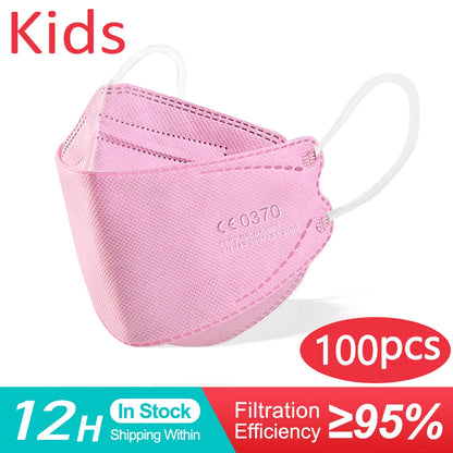 White kids KN95 masks, 10-200 pack, 4-layer FFP2 protective dustproof face masks for children ages 6-14, suitable for girls and boys.