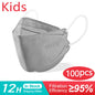 Pack of 100 white kids' KN95 masks with 4-layer protection, suitable for children aged 6-14, dustproof and breathable.